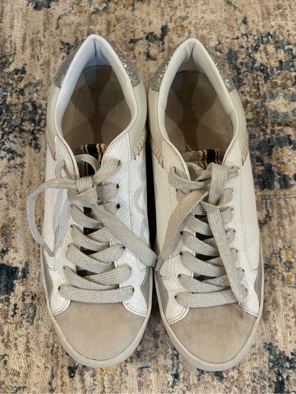 Shu Shop Low-Top Lace-Up Sneakers White Silver Beige Size 7 - Picture 2 of 5
